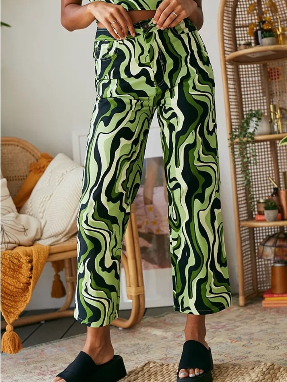 NWOT Another Girl Green Black Swirl Abstract Psychedelic Wide Leg Pants S